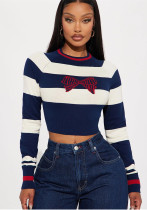 Women Round Neck Contrast Stripe Long Sleeve Crop Top