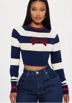 Women Round Neck Contrast Stripe Long Sleeve Crop Top