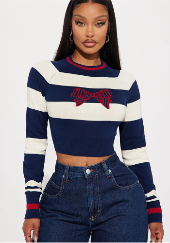 Women Round Neck Contrast Stripe Long Sleeve Crop Top