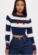 Women Round Neck Contrast Stripe Long Sleeve Crop Top