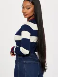 Women Round Neck Contrast Stripe Long Sleeve Crop Top