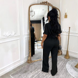 Women's Denim Patchwork Color-Block Stand Collar Short Sleeve Long Zip Jumpsuit