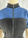 Women's Denim Patchwork Color-Block Stand Collar Short Sleeve Long Zip Jumpsuit