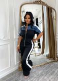Women's Denim Patchwork Color-Block Stand Collar Short Sleeve Long Zip Jumpsuit
