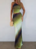 Women's Summer Gradient One-Shoulder Low-Back Top Casual Slim Long Skirt Set