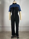 Women's Denim Patchwork Color-Block Stand Collar Short Sleeve Long Zip Jumpsuit