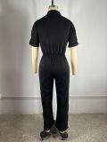 Women's Denim Patchwork Color-Block Stand Collar Short Sleeve Long Zip Jumpsuit