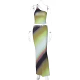 Women's Summer Gradient One-Shoulder Low-Back Top Casual Slim Long Skirt Set