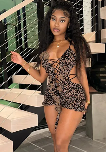 Spring Summer Print Low-Cut Lace-Up Tight-Fitting Jumpsuit For Women