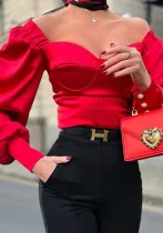 Women's Solid Color Chic Sexy Off-Shoulder Long Sleeve Satin Top