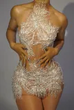 Fashion Halter Neck Strap Mini Dress Nude See-Through Sexy Party Dress