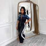 Women's Denim Patchwork Color-Block Stand Collar Short Sleeve Long Zip Jumpsuit