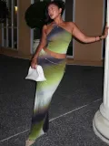 Women's Summer Gradient One-Shoulder Low-Back Top Casual Slim Long Skirt Set