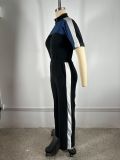 Women's Denim Patchwork Color-Block Stand Collar Short Sleeve Long Zip Jumpsuit