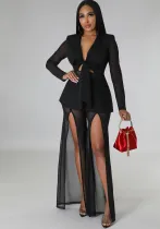 Sexy Solid Color Long Sleeve Slim Waist Tie-Detail Blazer Slit Pants Two-Piece Set