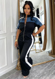 Women's Denim Patchwork Color-Block Stand Collar Short Sleeve Long Zip Jumpsuit