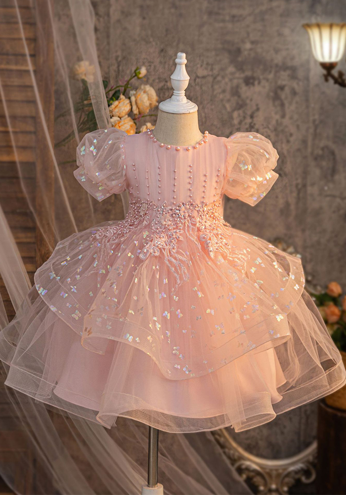 Wholesale Flower Girl's Pink Ruffled Wedding Dress Puff Sleeves — free download