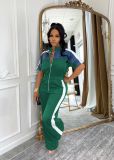 Women's Denim Patchwork Color-Block Stand Collar Short Sleeve Long Zip Jumpsuit