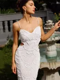Women Sequin Beaded Hollow Strap Dress