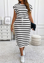 Plus Size Women Summer Bat Sleeves Drawstring Striped Dress