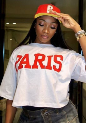 Women American straight shoulder short-sleeved T-shirt summer half-sleeved top