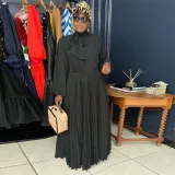 Women Long Sleeve Pleated Black Dress