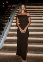 Women Sexy Slash Shoulder Slit Sleeve Solid Dress
