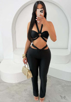 Women Lace-Up Solid Sexy Strapless Suspender Top Pants Two Piece Set