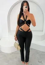 Women Lace-Up Solid Sexy Strapless Suspender Top Pants Two Piece Set