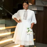 Plus Size Women Half-High Neck Lantern Sleeve Dress