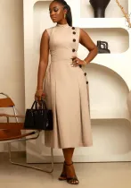 Women Elegant Stand Collar Sleeveless Button Dress