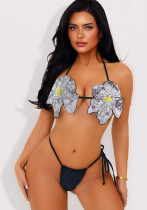 Women sequin white floral halter neck lace-up sexy Swimwear  two pieces