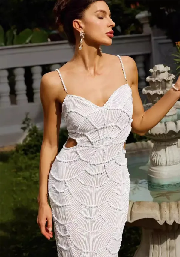 Women Sequin Beaded Hollow Strap Dress