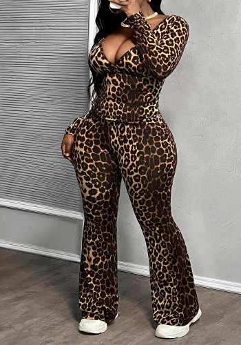 Women Leopard Print Long Sleeve V Neck Top and Wide Leg PantsTwo Piece Set