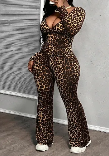 Women Leopard Print Long Sleeve V Neck Top and Wide Leg PantsTwo Piece Set