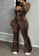 Women Leopard Print Long Sleeve V Neck Top and Wide Leg PantsTwo Piece Set