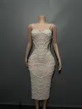 Women Sequin Beaded Hollow Strap Dress