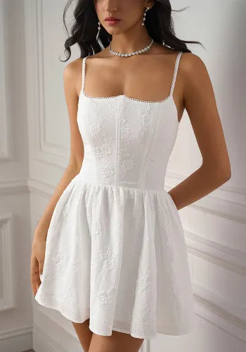 Fishbone Strap Floral Jacquard Low Back Ruched A Line Mini Dress