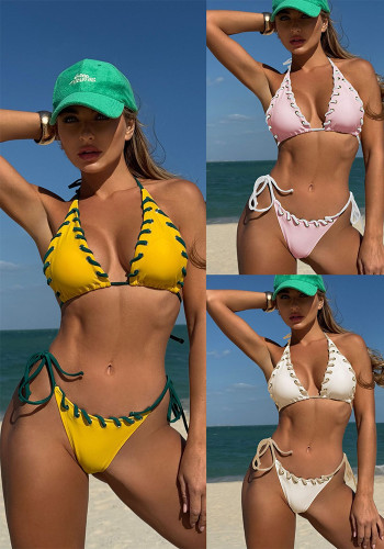 Color Block Lace Up Low Back Two Piece Bikini