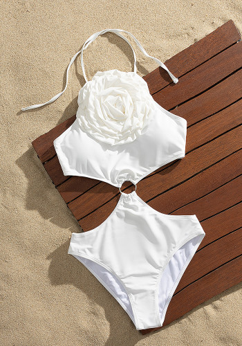 Solid Color Halter Neck Lace Up High Waist Cutout One Piece Swimsuit