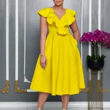 V Neck Floral Ruffle A-line Dress for Women Formal Party Gown