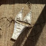 Color Block Lace Up Low Back Two Piece Bikini