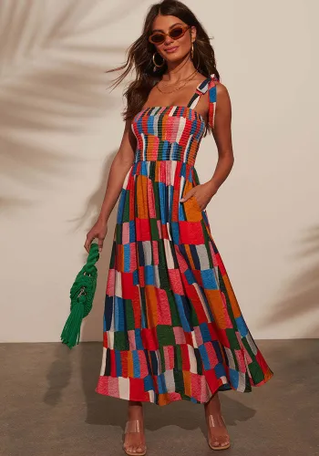 Print Strap Color Block Midi Holiday Dress