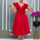 V Neck Floral Ruffle A-line Dress for Women Formal Party Gown