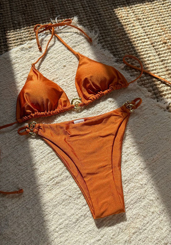 Sexy Metallic Ring Tie Low Back Two Piece Bikini