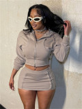 Spring Solid Color Casual Zippered Long Sleeve Hoodies slim short Skirt Set