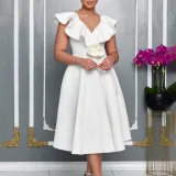 V Neck Floral Ruffle A-line Dress for Women Formal Party Gown