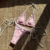 Color Block Lace Up Low Back Two Piece Bikini