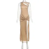 Spring Women’s Chic Round Neck Cutout Sexy High Slit Long Dress