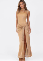 Spring Women’s Chic Round Neck Cutout Sexy High Slit Long Dress